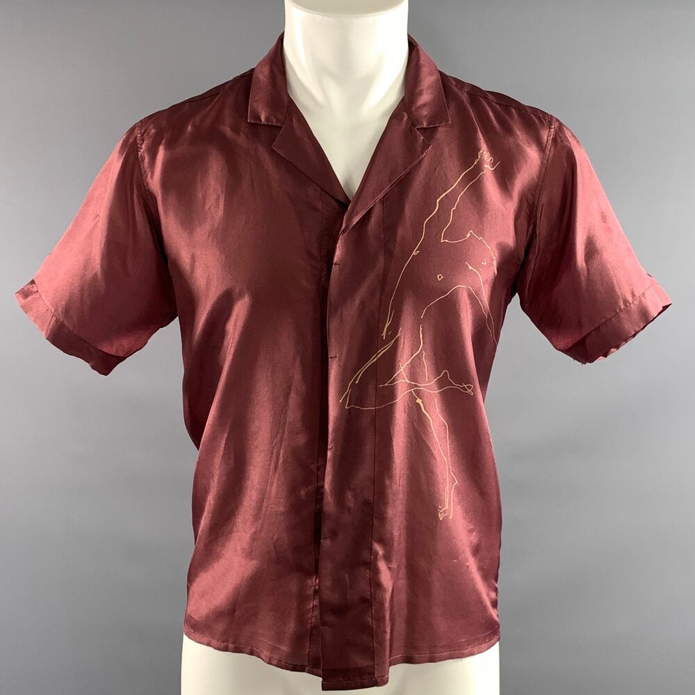 DRIES VAN NOTEN Size S Burgundy Tan Figures Short Sleeve Shirt